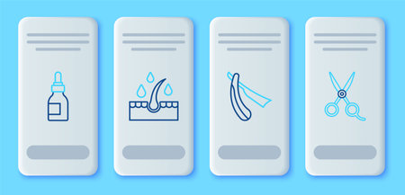 Set line Oil for hair care treatment Straight razor bottle and Scissors hairdresser icon. Vector.のイラスト素材