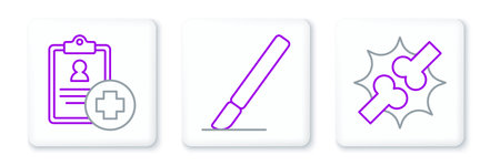 Set line Joint knee pain Patient record and Surgery scalpel icon. Vector.のイラスト素材