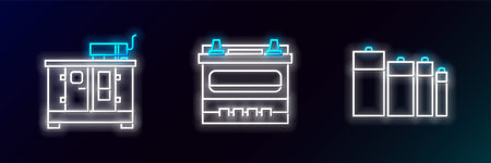 Set line Battery Diesel power generator and Car battery icon. Glowing neon. Vector.のイラスト素材