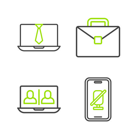 Set line Mute microphone on mobile Video chat conference Briefcase and icon. Vector.のイラスト素材
