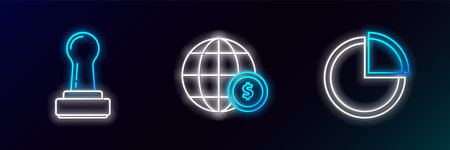 Set line Pie chart infographic Stamp and Earth globe with dollar symbol icon. Glowing neon. Vector.のイラスト素材