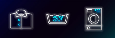 Set line Washer T-shirt and Temperature wash icon. Glowing neon. Vector.のイラスト素材