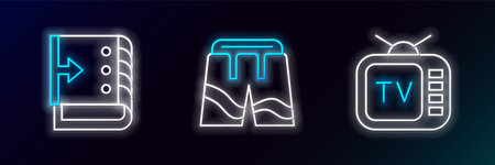 Set line Retro tv Sound mixer controller and Short or pants icon. Glowing neon. Vector.のイラスト素材