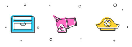 Set Antique treasure chest, Cannon and Pirate hat icon. Vector.のイラスト素材