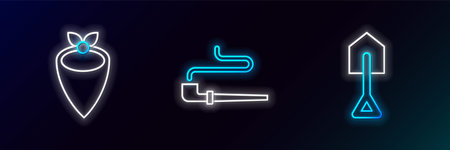 Set line Shovel Cowboy bandana and Smoking pipe icon. Glowing neon. Vector.のイラスト素材