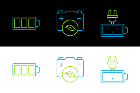 Set line Battery charge and Eco nature leaf battery icon. Vector.のイラスト素材