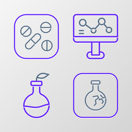 Set line Cracked flask Plant breeding Chemical formula and Medicine pill tablet icon. Vector.のイラスト素材
