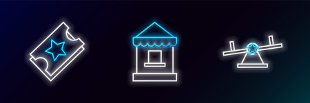 Set line Seesaw Ticket and box office icon. Glowing neon. Vector.のイラスト素材