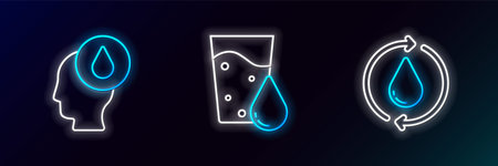 Set line Recycle clean aqua Water drop and Glass with water icon. Glowing neon. Vector.のイラスト素材
