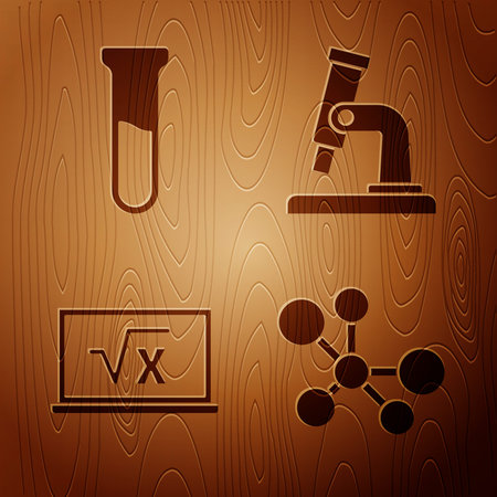 Set Molecule, Test tube and flask, Square root of x glyph and Microscope on wooden background. Vector.のイラスト素材