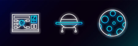 Set line Moon Futuristic hud interface and UFO flying spaceship icon. Glowing neon. Vector.のイラスト素材