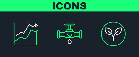 Set line Bio fuel Oil price increase and Broken pipe with leaking water icon. Vector.のイラスト素材