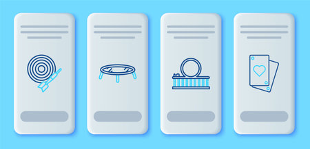 Set line Jumping trampoline Roller coaster Classic dart board and arrow and Playing card icon. Vector.のイラスト素材