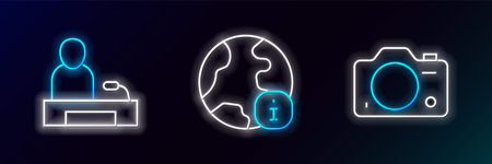 Set line Photo camera Television report and World news icon. Glowing neon. Vector.のイラスト素材