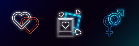 Set line Gender Two Linked Hearts and blanks photo frames and hearts icon. Glowing neon. Vector.のイラスト素材