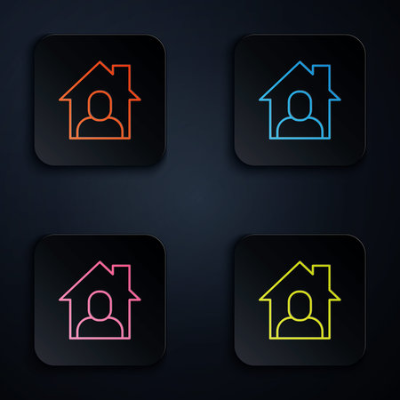 Color neon line Online working icon isolated on black background. Freelancer man working on laptop at his house. Remote work. Distant job concept. Set icons in square buttons. Vector.のイラスト素材