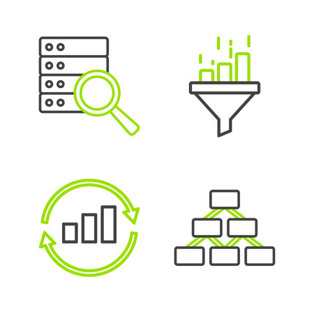 Set line Hierarchy organogram Graph chart infographic Sales funnel with and Server icon. Vector.のイラスト素材