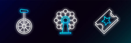 Set line Ticket Unicycle or one wheel bicycle and Ferris icon. Glowing neon. Vector.のイラスト素材