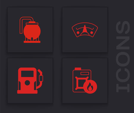 Set Canister for motor oil, Oil tank storage, Motor gas gauge and Petrol station icon. Vector.のイラスト素材