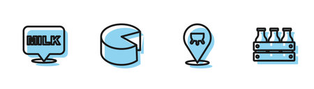 Set line Udder, Lettering milk, Cheese and Bottled wooden box icon. Vector.のイラスト素材