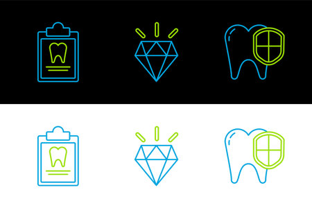 Set line Dental protection Clipboard with dental card and Diamond teeth icon. Vector.のイラスト素材
