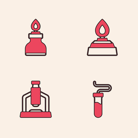 Set Test tube Alcohol or spirit burner and Microscope icon. Vector.のイラスト素材