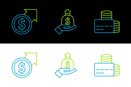 Set line Credit card Financial growth and dollar and Hand holding money bag icon. Vector.のイラスト素材