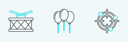 Set line Target sport for shooting competition Drum with drum sticks and Balloons ribbon icon. Vector.のイラスト素材
