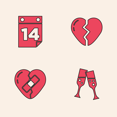 Set Glass of champagne, Calendar with February 14, Broken heart and Healed broken icon. Vector.のイラスト素材