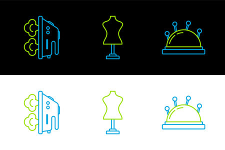 Set line Needle bed and needles Electric iron and Mannequin icon. Vector.のイラスト素材