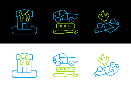 Set line Burning car Arson home and Car theft icon. Vector.のイラスト素材