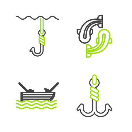 Set line Fishing hook boat with fishing rod on water and under icon. Vector.のイラスト素材