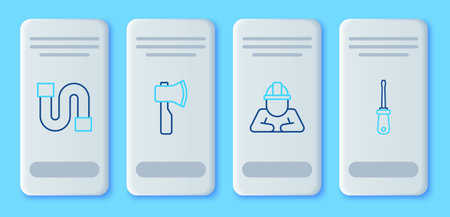 Set line Wooden ax Builder Industry pipe and Screwdriver icon. Vector.のイラスト素材