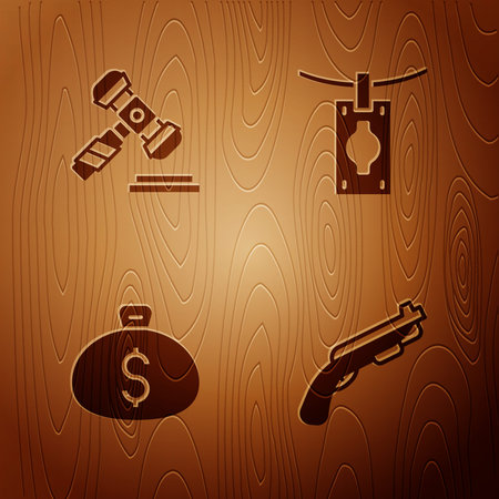 Set Police shotgun, Judge gavel, Money bag and laundering on wooden background. Vector.のイラスト素材