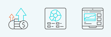 Set line Trading courses Financial growth and coin and Pie chart infographic icon. Vector.のイラスト素材