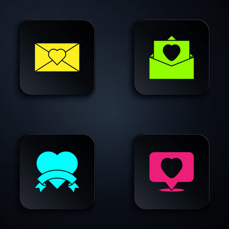 Set Like and heart, Envelope with Valentine, Heart and . Black square button. Vector.のイラスト素材