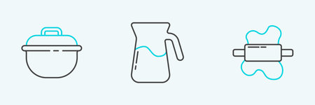 Set line Rolling pin on dough Cooking pot and Jug glass with water icon. Vector.のイラスト素材