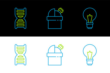 Set line Light bulb with concept of idea DNA symbol and Astronomical observatory icon. Vector.のイラスト素材