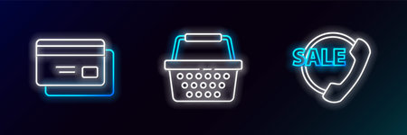 Set line Telephone 24 hours support Credit card and Shopping basket icon. Glowing neon. Vector.のイラスト素材
