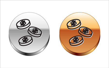 Black line Coin money with dollar symbol icon isolated on white background. Banking currency sign. Cash symbol. Silver-gold circle button. Vector.のイラスト素材