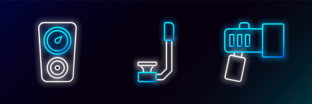 Set line Flashlight Gauge scale and Snorkel icon. Glowing neon. Vector.のイラスト素材