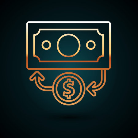 Gold line Stacks paper money cash icon isolated on dark blue background. Money banknotes stacks. Bill currency. Vector.のイラスト素材