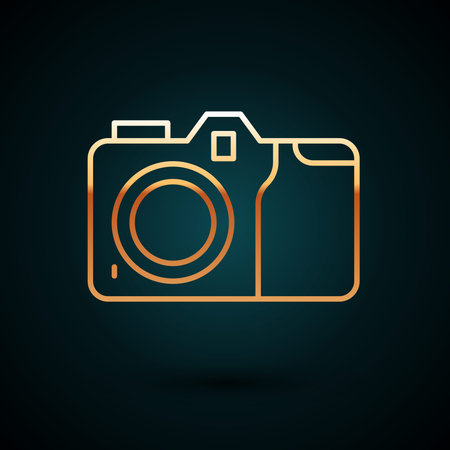 Gold line Photo camera icon isolated on dark blue background. Photo camera icon. Vector.のイラスト素材
