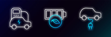 Set line Electric car and Eco nature leaf battery icon. Glowing neon. Vector.のイラスト素材