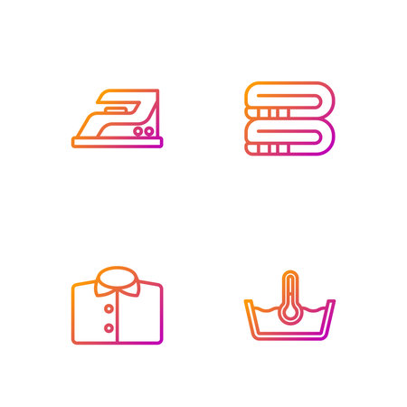 Set line Temperature wash, T-shirt, Electric iron and Towel stack. Gradient color icons. Vector.のイラスト素材