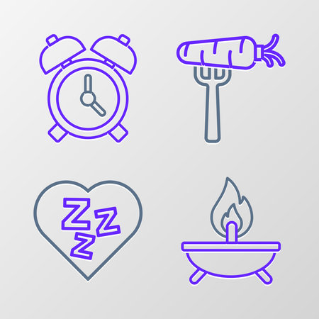 Set line Aroma candle Sleepy Carrot on fork and Alarm clock icon. Vector.のイラスト素材