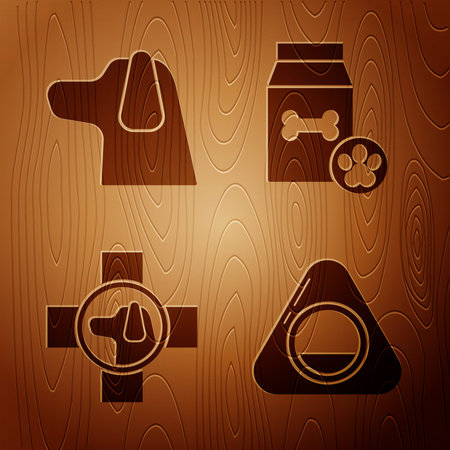 Set Pet bed, Dog, Veterinary clinic symbol and Bag of food for pet on wooden background. Vector.のイラスト素材