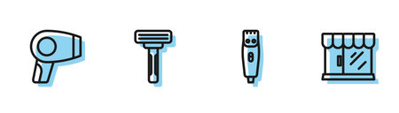 Set line Hair clipper dryer Shaving razor and Barbershop building icon. Vector.のイラスト素材
