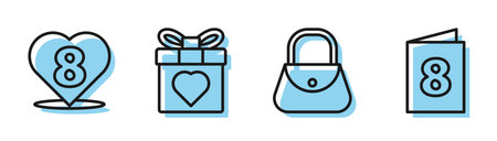 Set line Handbag, Heart with 8 March, Gift box and heart and Greeting card with 8 March icon. Vector.のイラスト素材