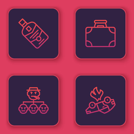 Set line Whiskey bottle, Mafia, Briefcase and money and Burning car. Blue square button. Vector.のイラスト素材